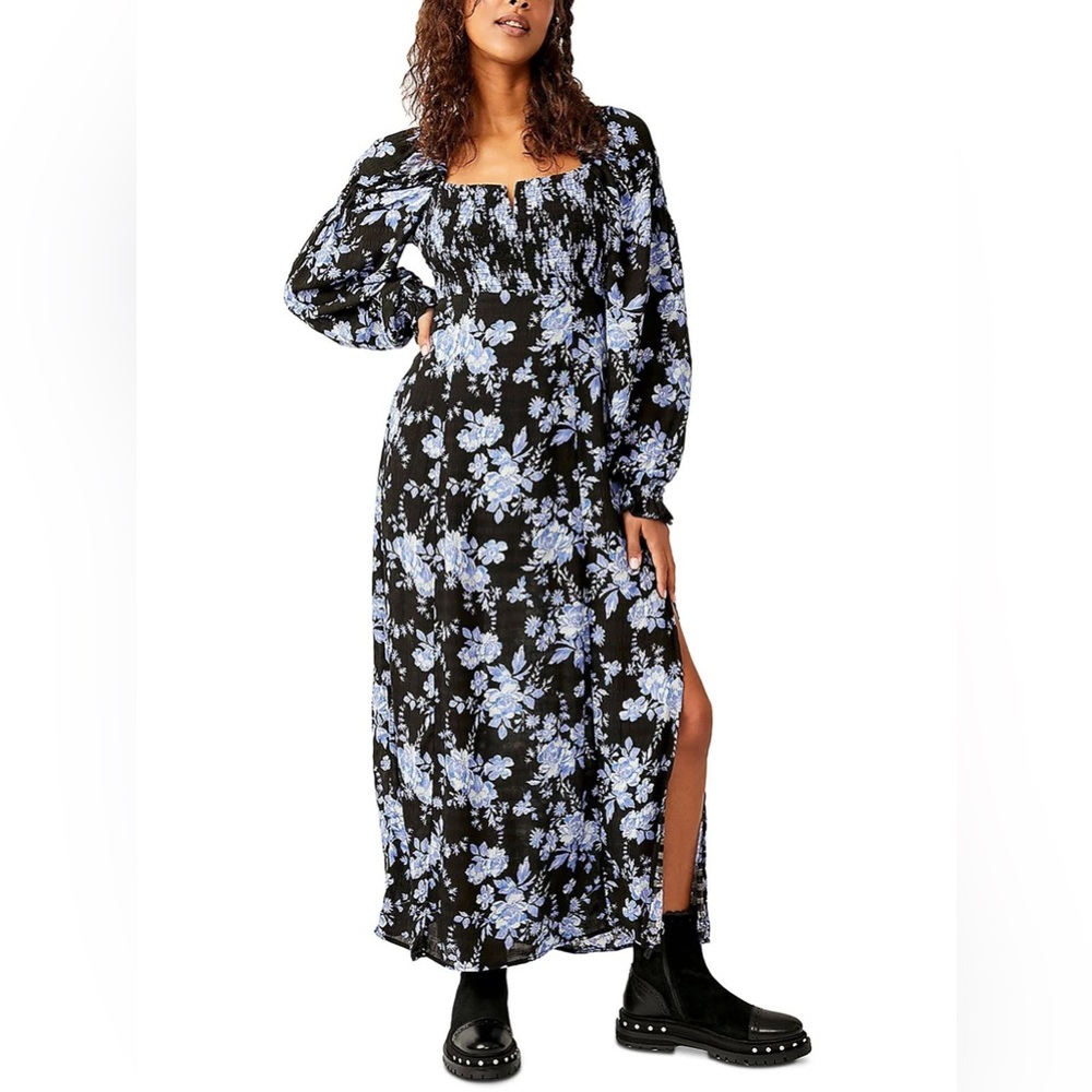 NWT Free People Jaymes midi dress black with blue floral XS $168